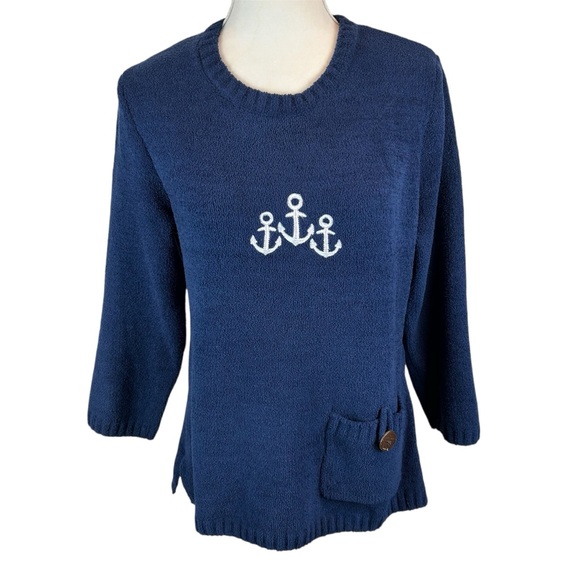 Lulu-B Anchor Sweater Chenille Navy Blue White Embroidery - Size Small - Picture 1 of 8